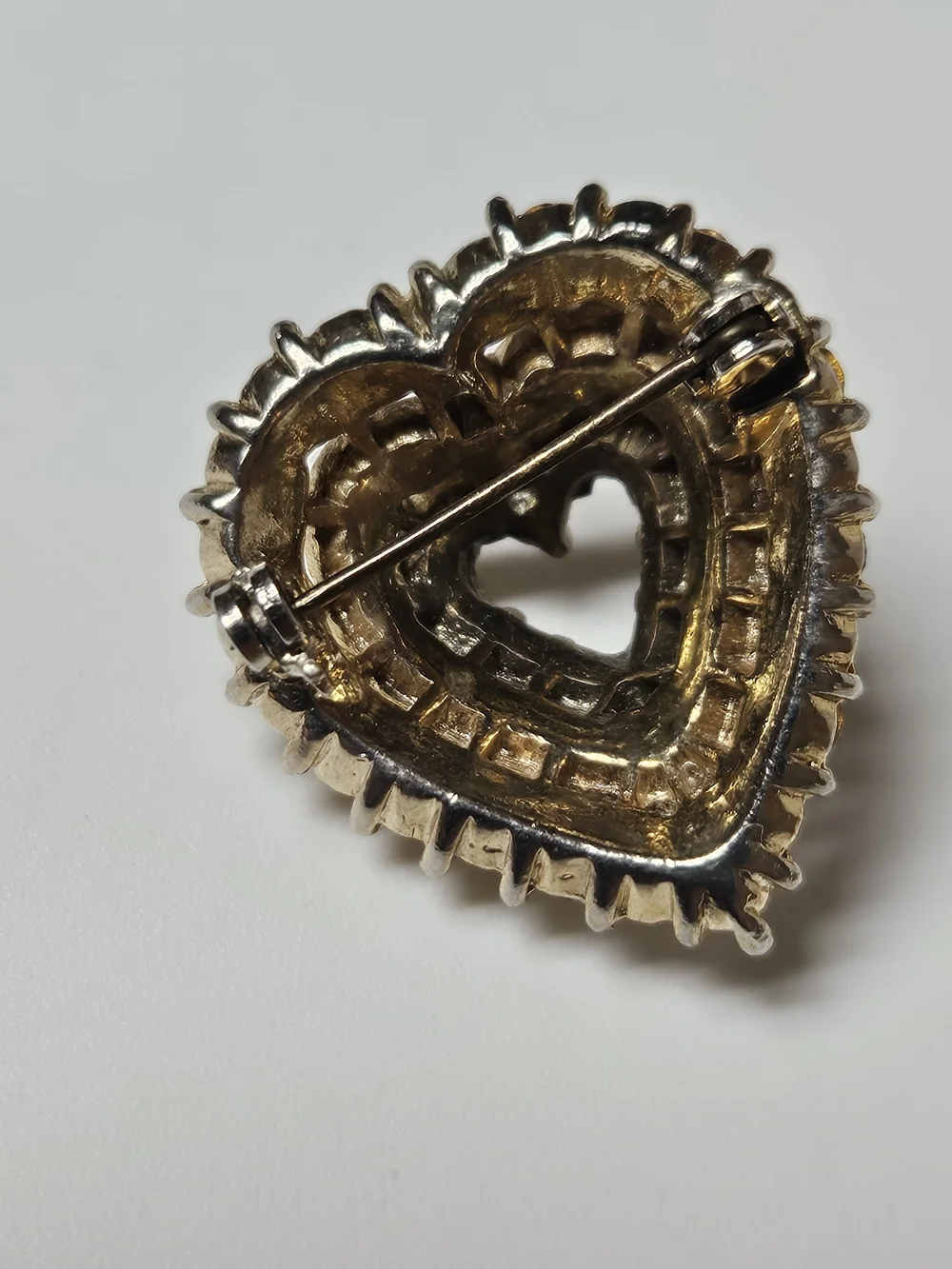 Gold Heart Brooch with Pearls and Clear Crystals